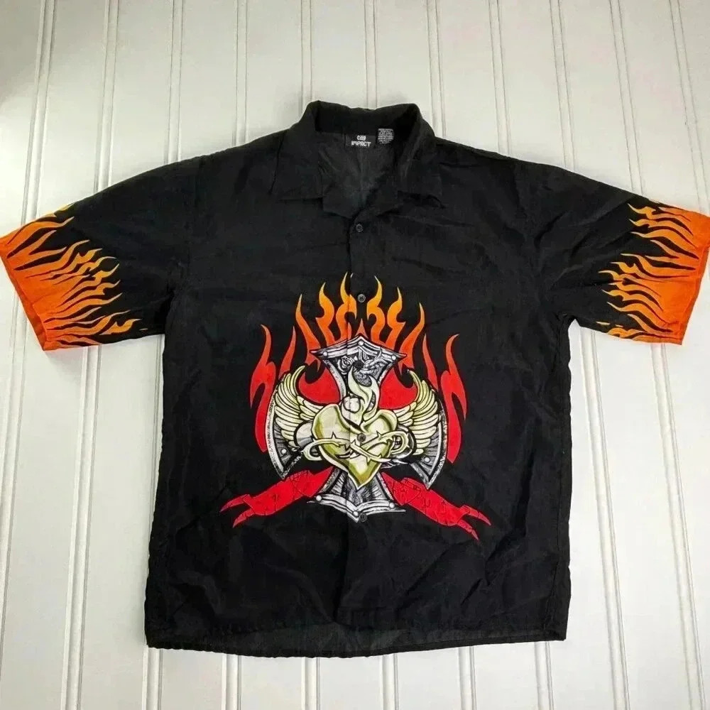 y2k City Impact Vintage Flame Heart Shirt Cybergoth Skate Punk LOOP COLLAR
